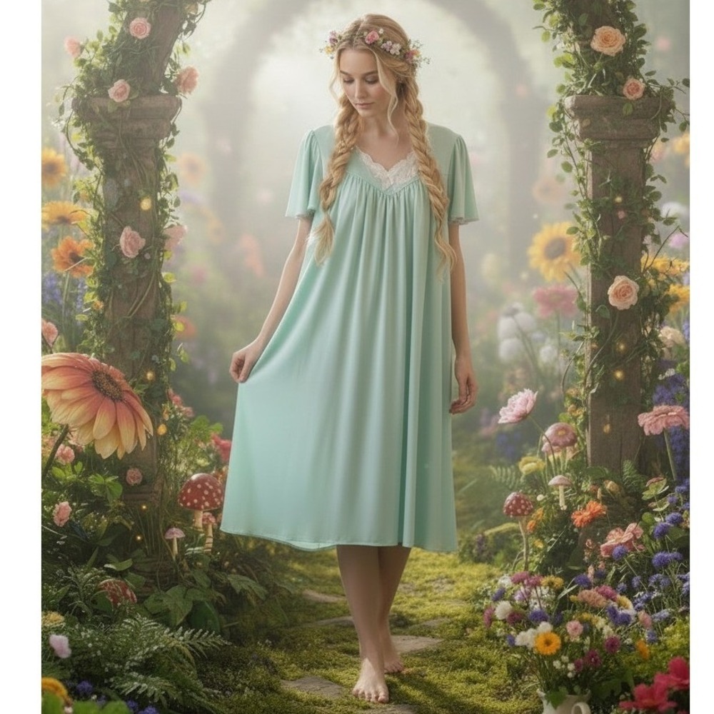 Vintage Lorraine Sheer Lace Nightgown Babydoll L Mint Pink Cottagecore Fairy